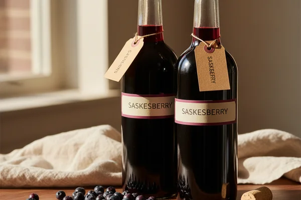 Saskatoon serviceberry wine in a glass beside fresh purple berries on a walnut surface