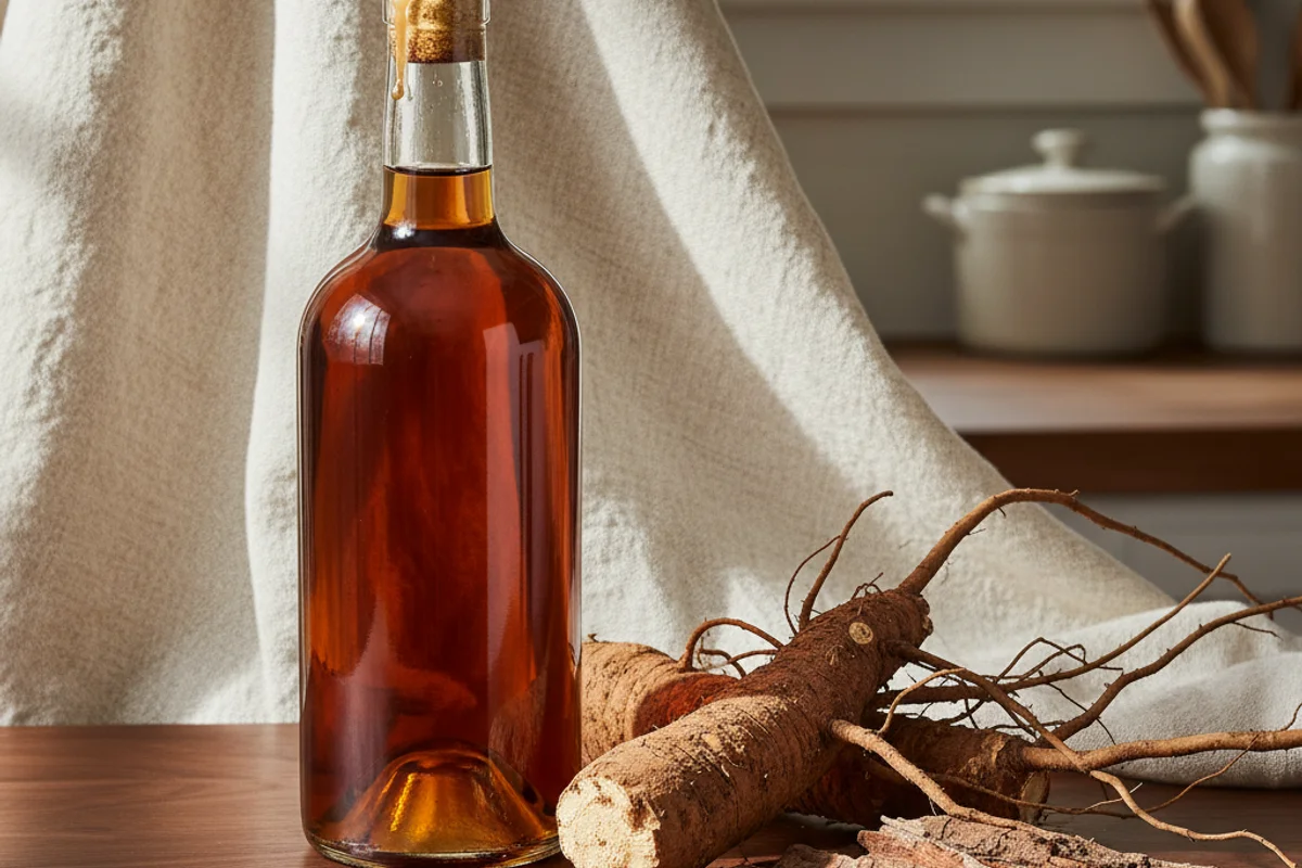 Dried sassafras root bark beside a glass of amber wine on a walnut surface in soft natural light