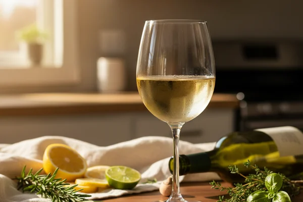 Chilled glass of pale Sauvignon Blanc wine on a walnut surface in soft natural light