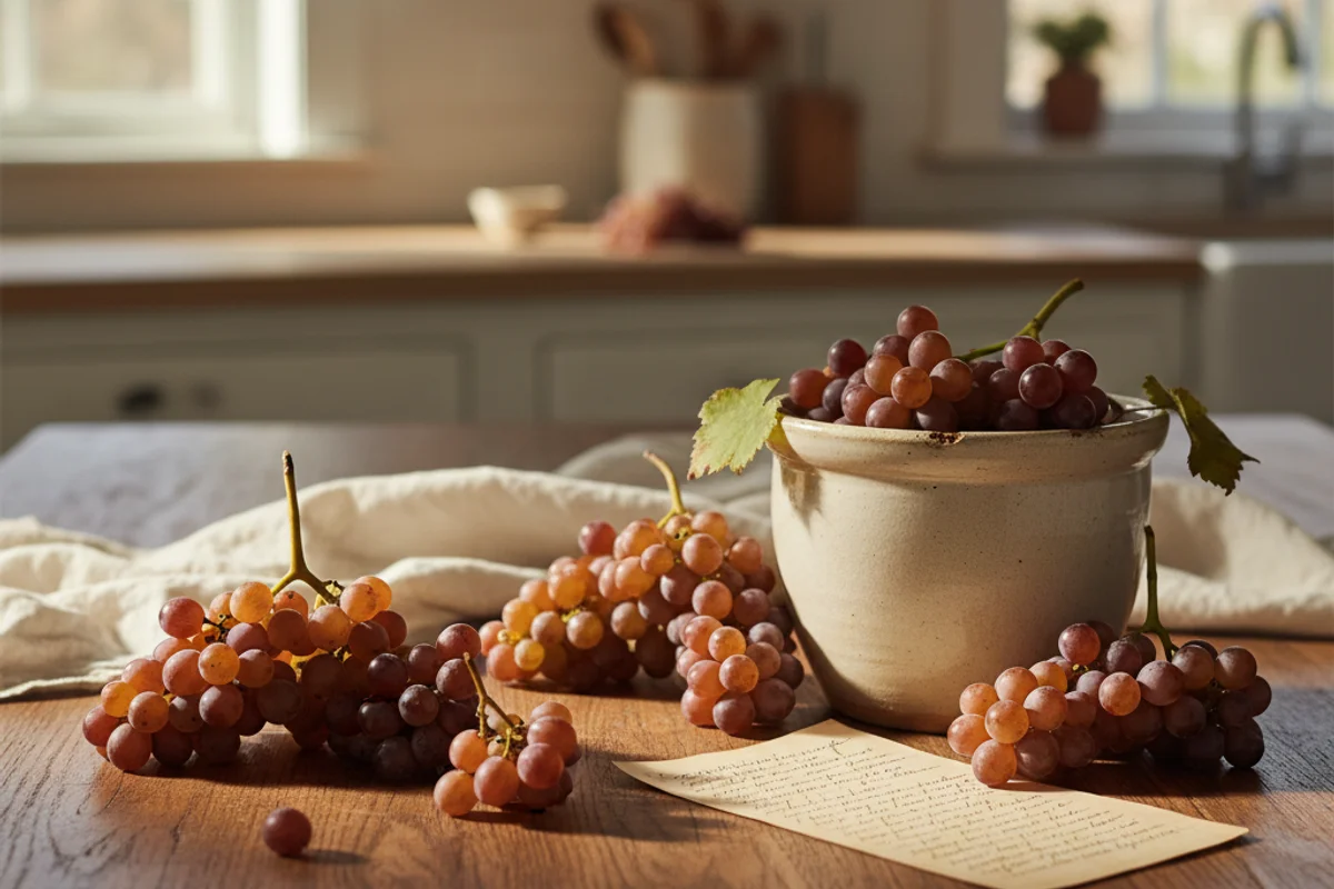 Clusters of bronze scuppernong grapes beside a glass carboy of pale golden wine on a walnut surface
