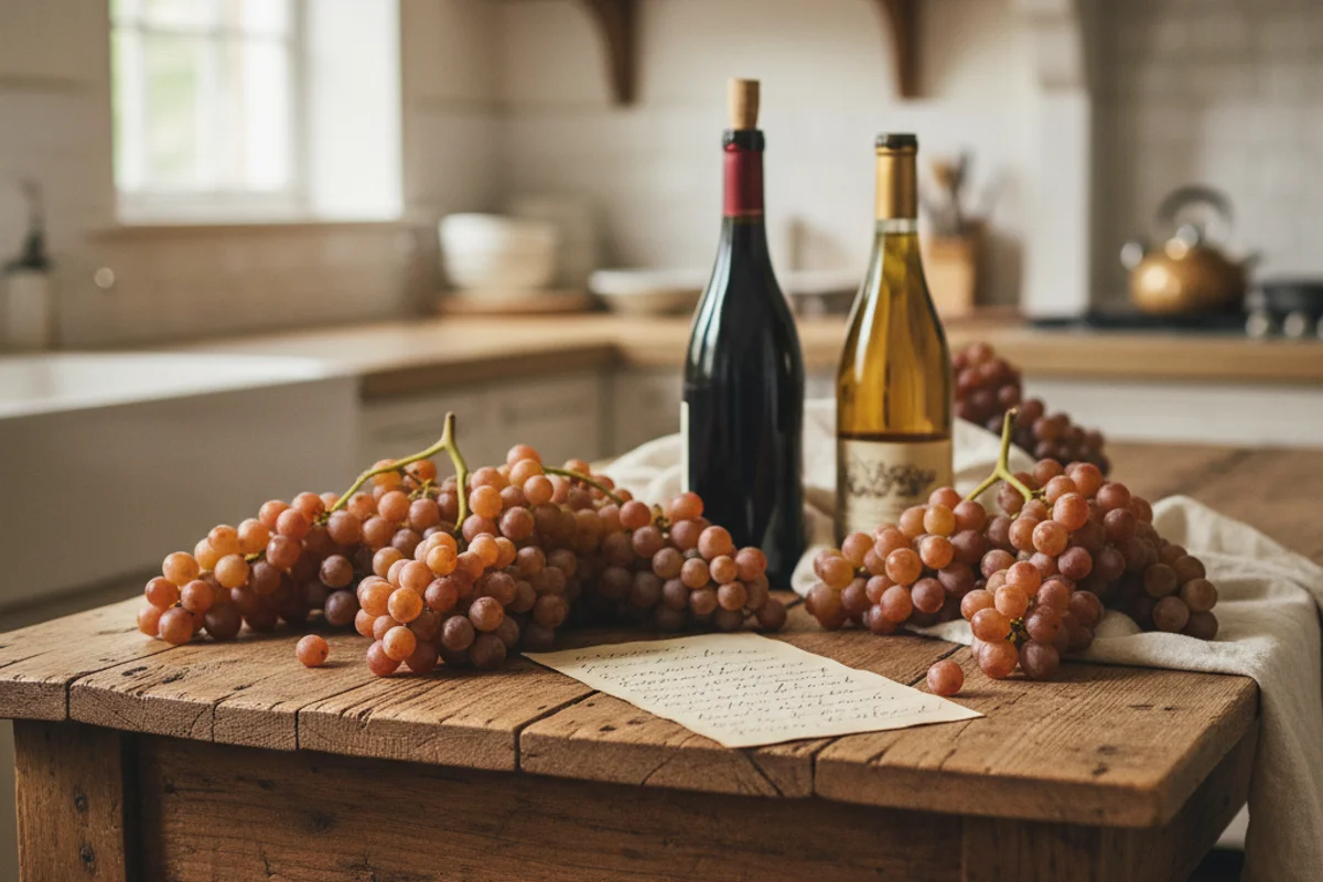 Clusters of pale golden scuppernong grapes beside a glass of amber wine on a walnut surface