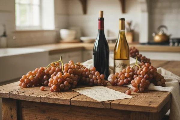 Clusters of pale golden scuppernong grapes beside a glass of amber wine on a walnut surface