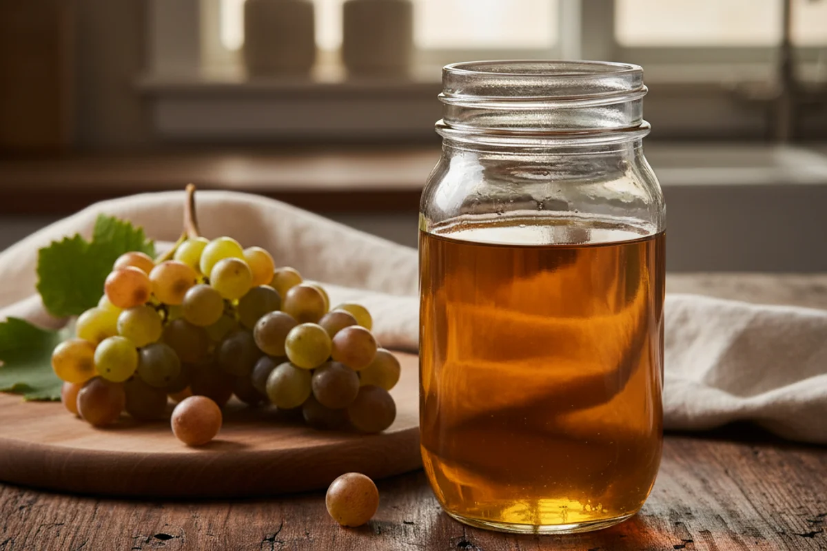 Clusters of bronze scuppernong grapes beside a glass carboy on a warm walnut surface in soft natural light
