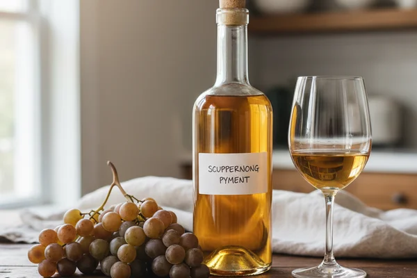 Scuppernong grapes and honey beside a glass carboy on a walnut surface in warm natural light