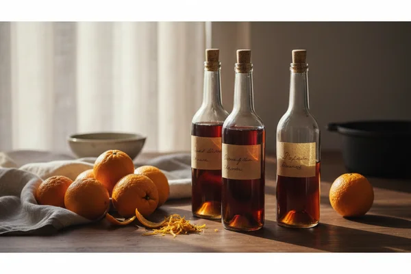 Seville oranges halved on a walnut surface beside a glass carboy in warm natural light
