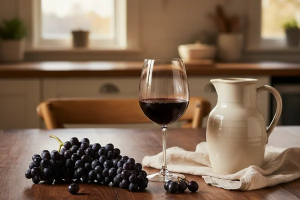 Rustic glass carboy of deep red grape wine resting on a walnut surface in warm natural light