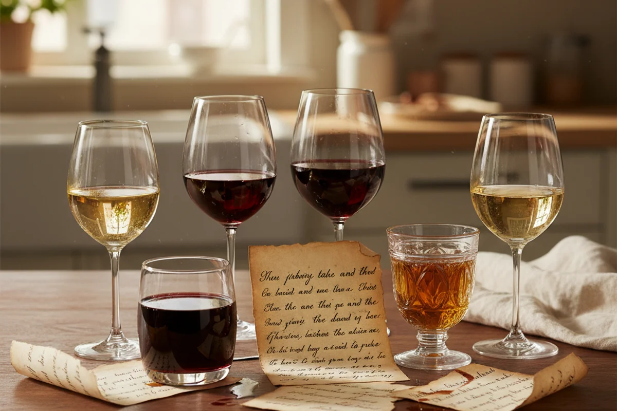 Handwritten poetry pages beside a glass of red wine on a warm walnut surface in soft natural light