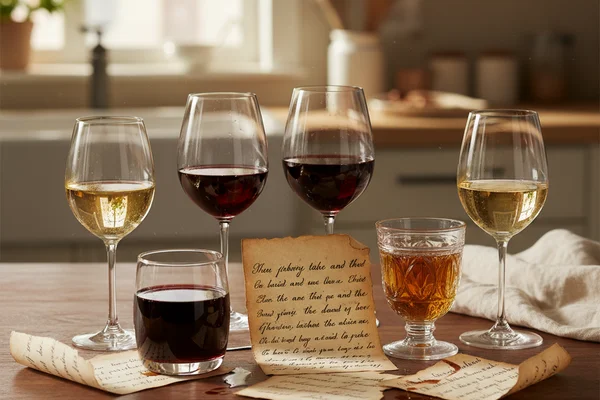 Handwritten poetry pages beside a glass of red wine on a warm walnut surface in soft natural light