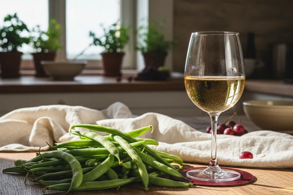 Fresh green snap beans beside a glass of pale golden wine on a walnut surface in warm natural light