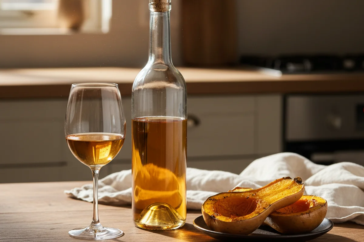 Butternut squash halves beside a glass of golden wine on a walnut surface in warm natural light