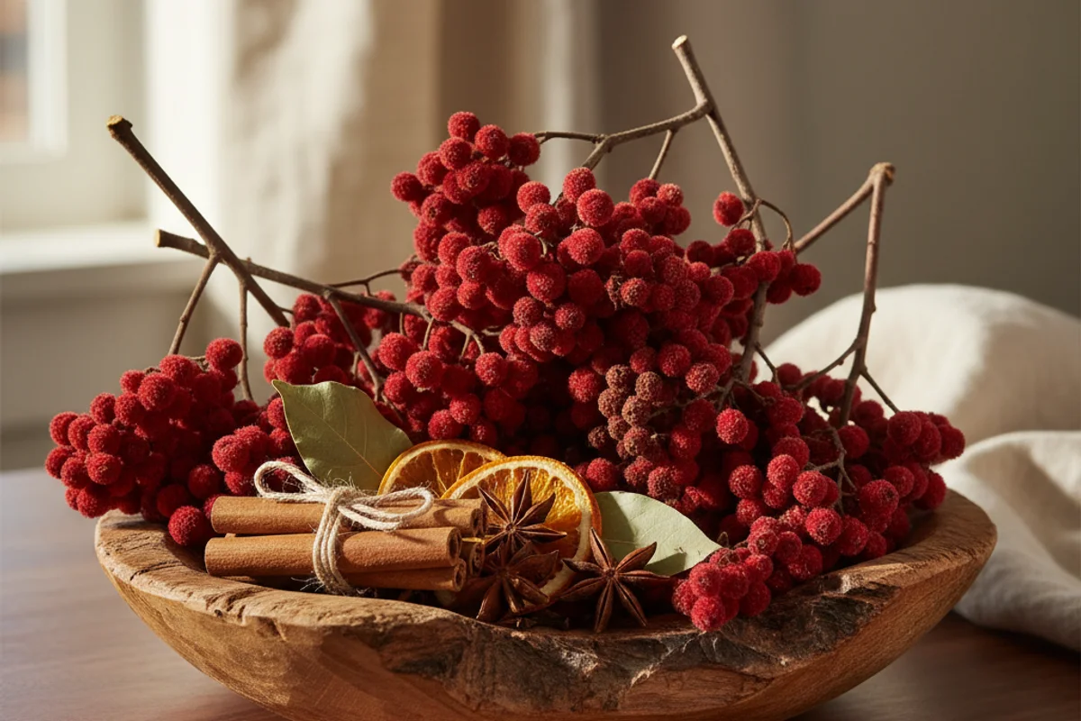 Dried staghorn sumac clusters on a walnut surface beside a glass of deep red wine in soft natural light