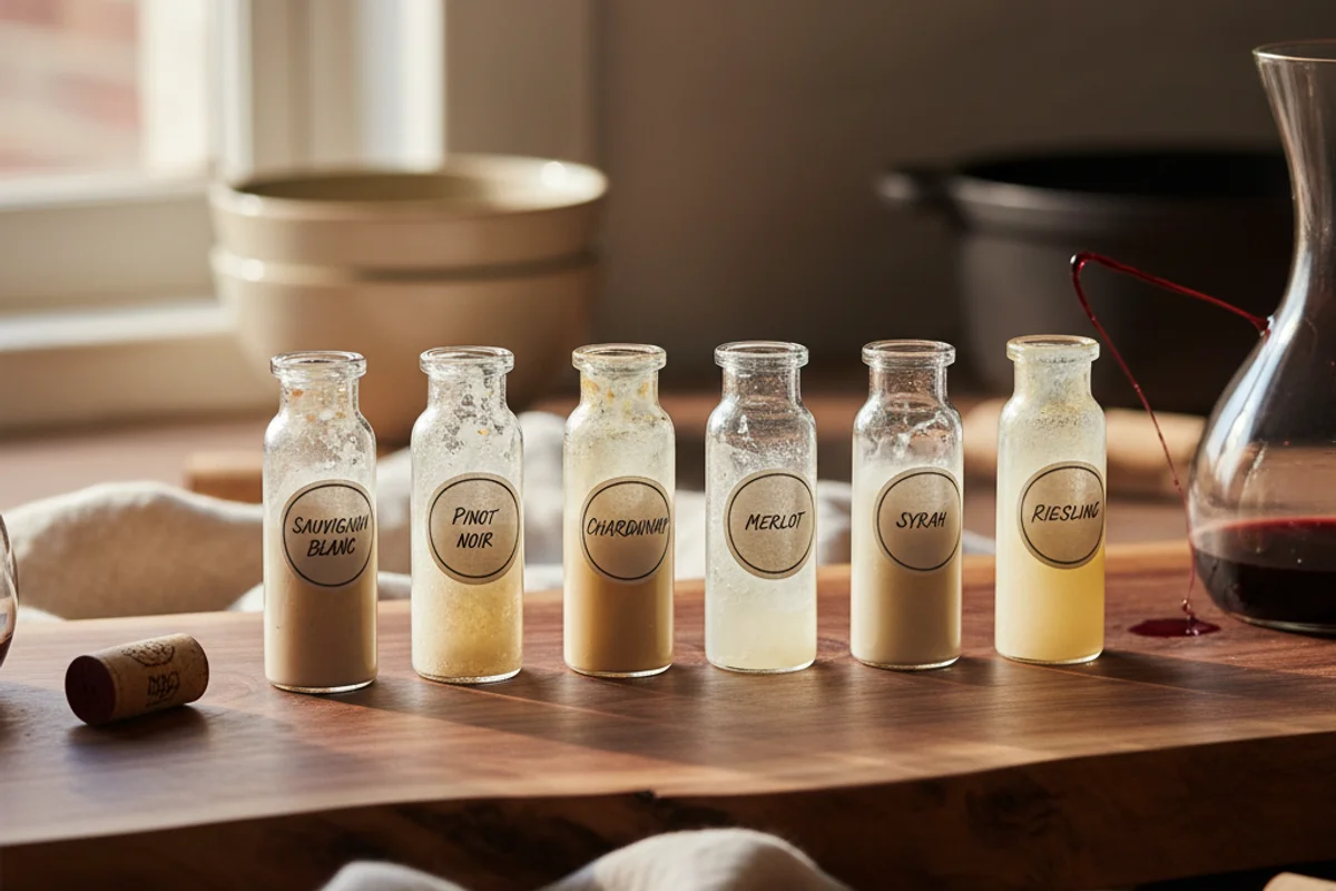 Several labeled packets of wine yeast strains arranged on a warm walnut surface in soft natural light
