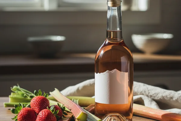 Fresh strawberries and rhubarb stalks beside a glass of blush wine on a walnut surface in soft natural light