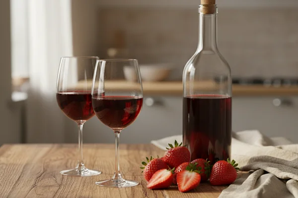 Fresh strawberries beside a glass of rosé wine on a walnut surface in warm natural light