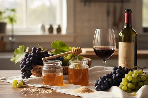 Assorted sugars in glass bowls on a walnut surface beside a hydrometer and cream linen cloth