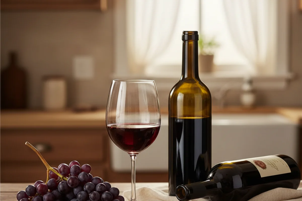 Fresh summer grapes in a wooden bowl on a walnut surface beside modern winemaking equipment in soft natural light