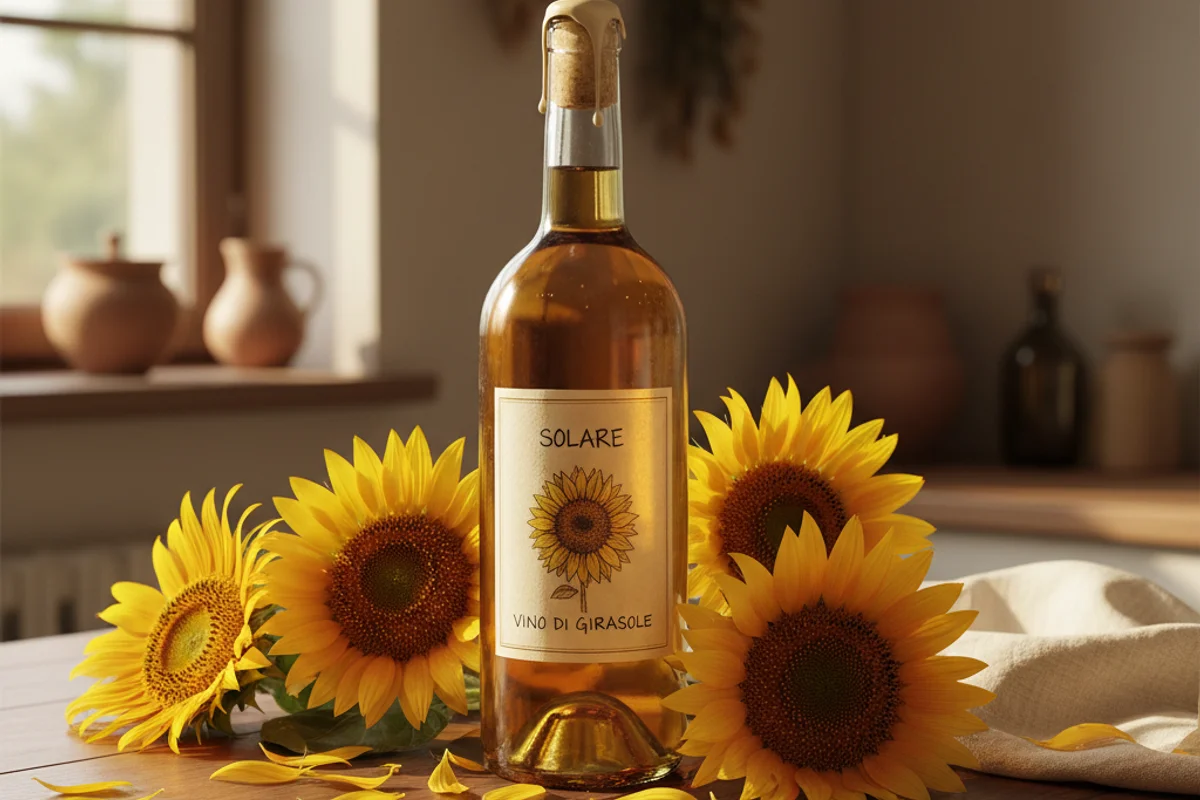 Sunflower wine in a clear glass on a walnut surface, soft natural light, cream linen background