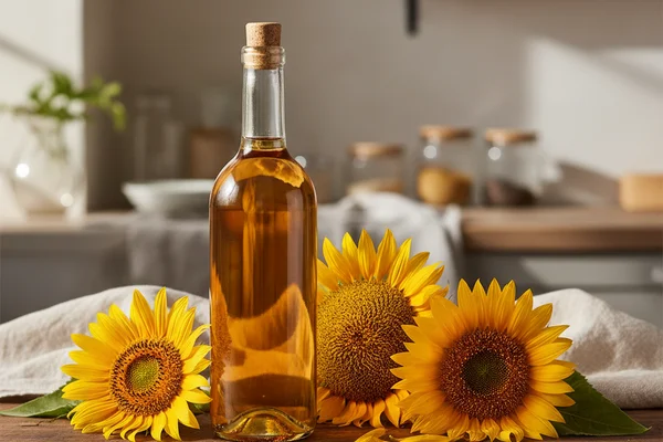 Sunflower wine in a glass jar on a walnut surface, soft natural light, cream linen backdrop