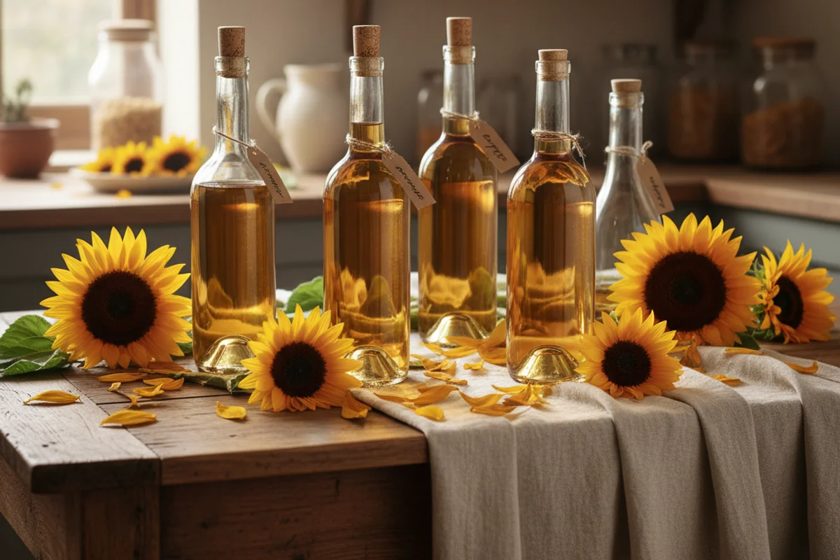 Pale golden sunflower wine in a glass beside fresh sunflower blooms on a walnut surface