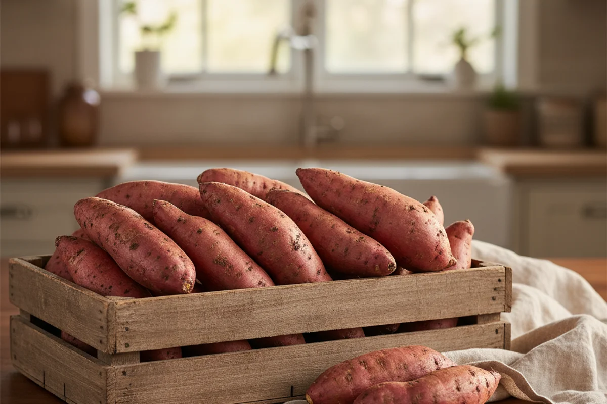 Sweet potatoes resting on a walnut surface in soft natural light with cream linen nearby
