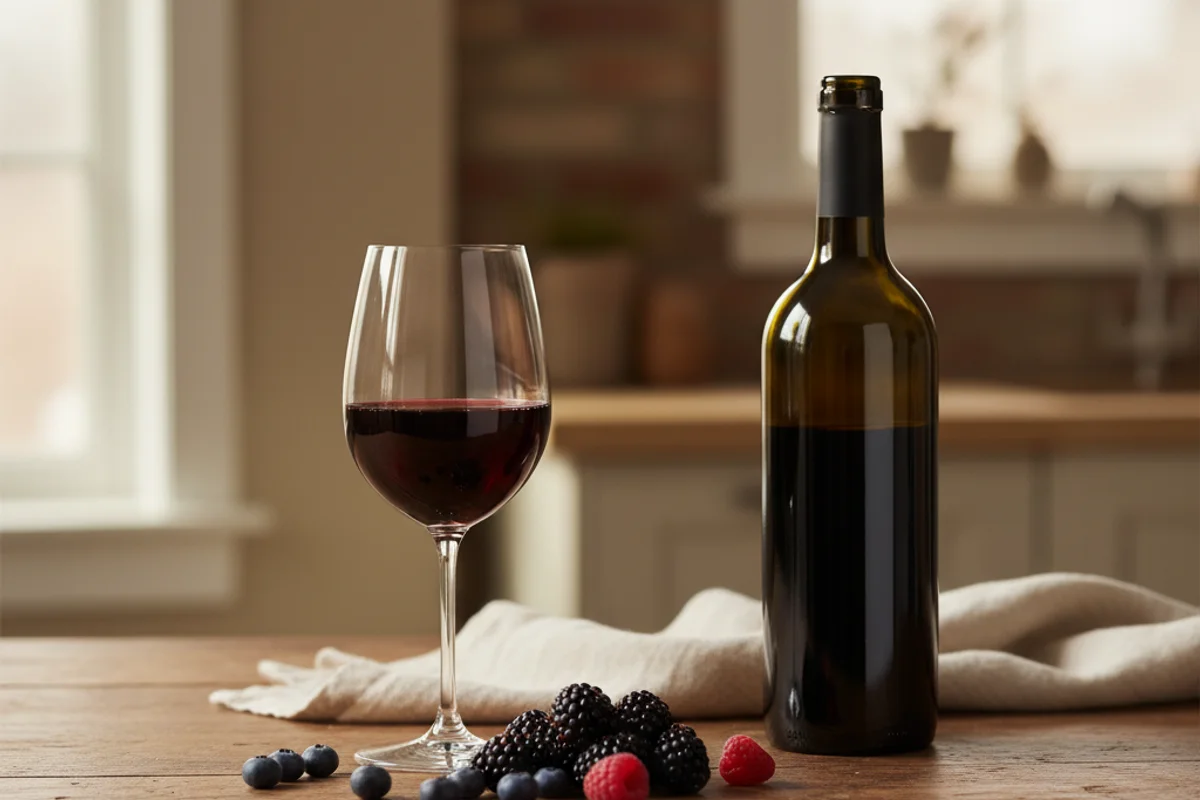 Deep purple Syrah wine in a glass on a walnut surface, soft natural light, cream linen background