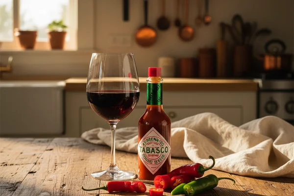 Rustic bottle of deep red Tabasco wine on a walnut surface beside fresh red peppers in soft natural light