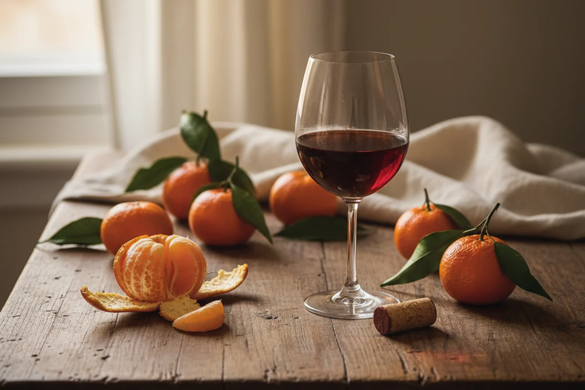 Halved tangerines beside a glass of amber wine on a walnut surface in warm natural light