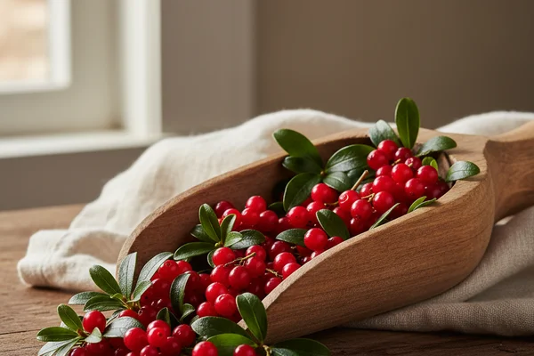 Teaberry clusters and fresh wintergreen leaves arranged on a walnut surface beside a glass of pale rosé wine