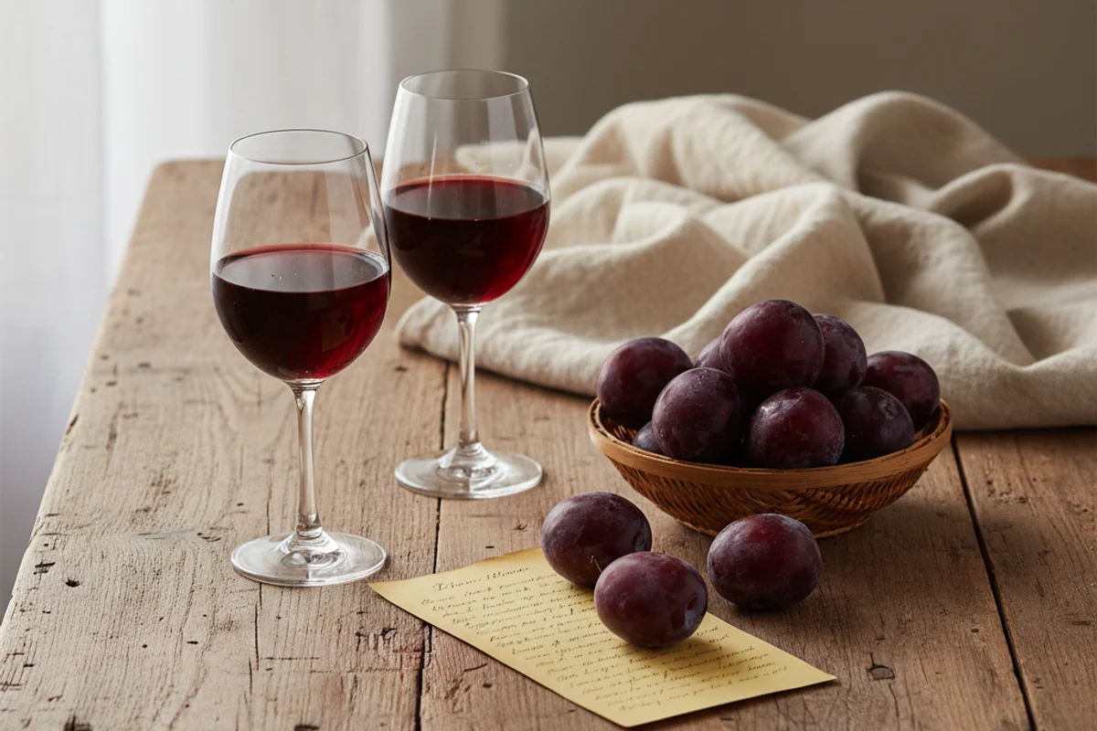 Wild plum wine fermenting in a glass carboy on a walnut surface beside fresh plums in soft natural light