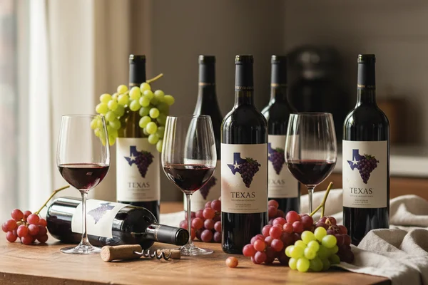 Texas winery tasting setup with rustic walnut surface, cream linen, and warm natural light
