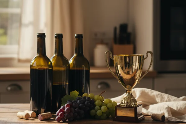 Handcrafted wine bottles and ribbons on a walnut surface bathed in warm natural light