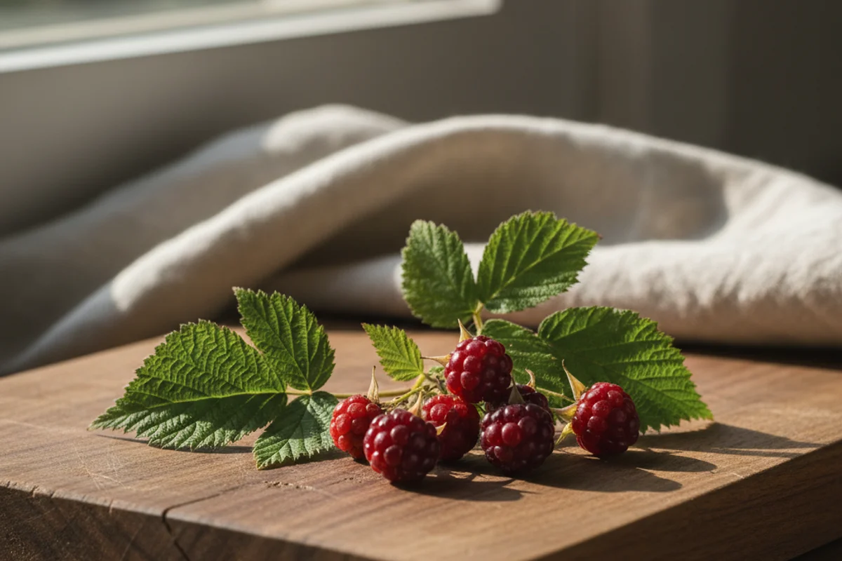 Wild thimbleberries in a ceramic bowl on a walnut surface with soft natural light