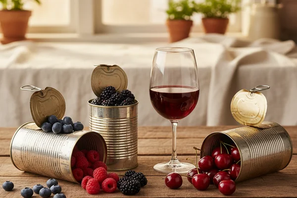 Assorted tinned berries and cherries beside a glass of deep purple homemade fruit wine on a walnut surface