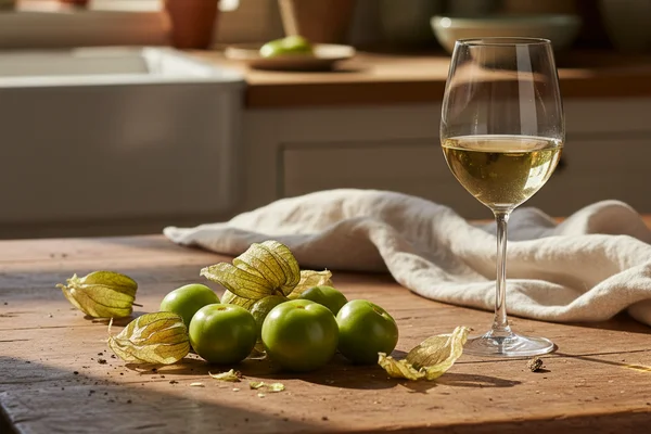 Fresh tomatillos with husks beside a glass of pale golden wine on a walnut surface
