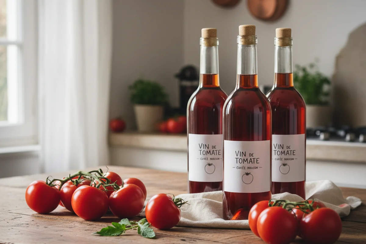 Ripe red tomatoes beside a glass of pale golden wine on a warm walnut surface in soft natural light
