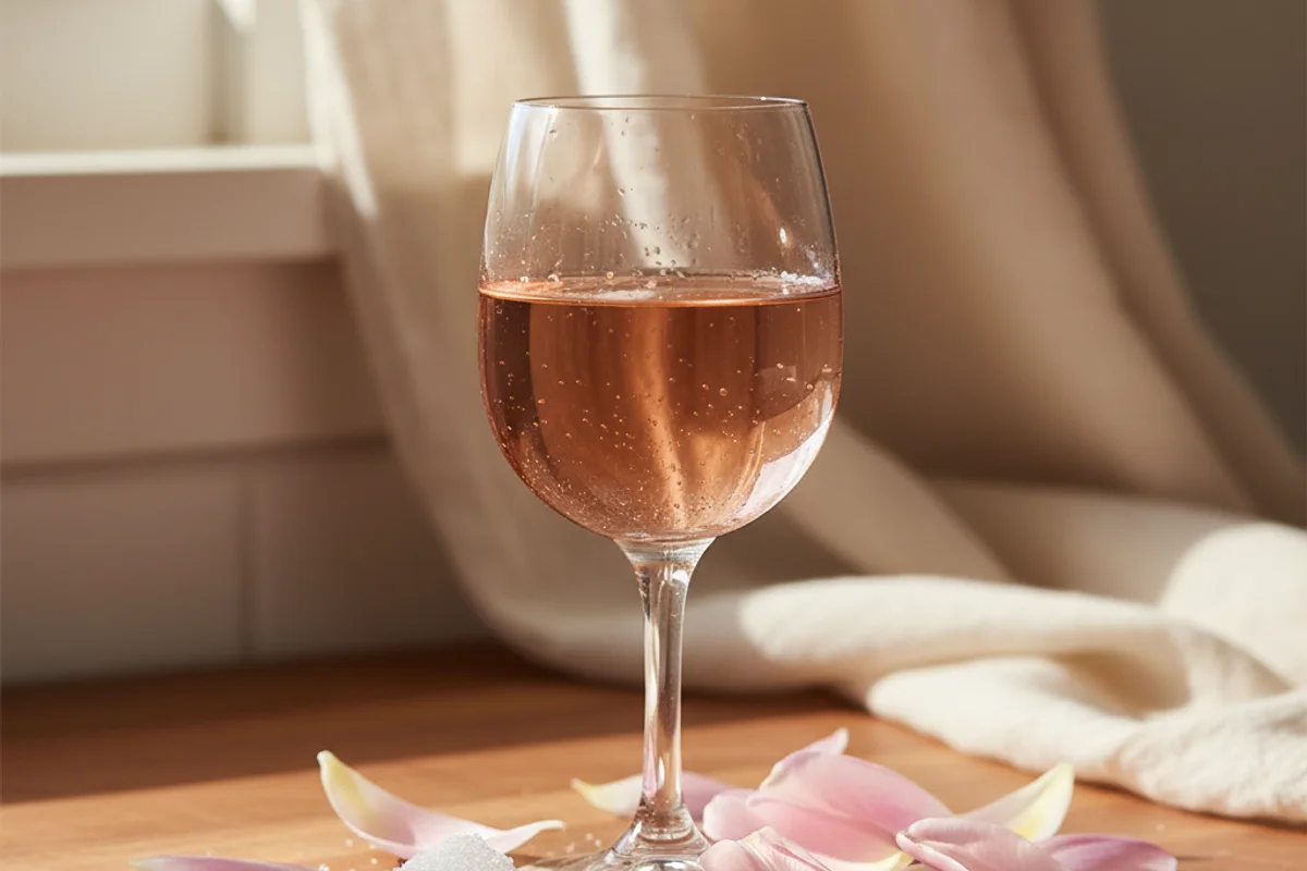 Fresh tulip petals arranged beside a glass of pale golden wine on a warm walnut surface in soft natural light