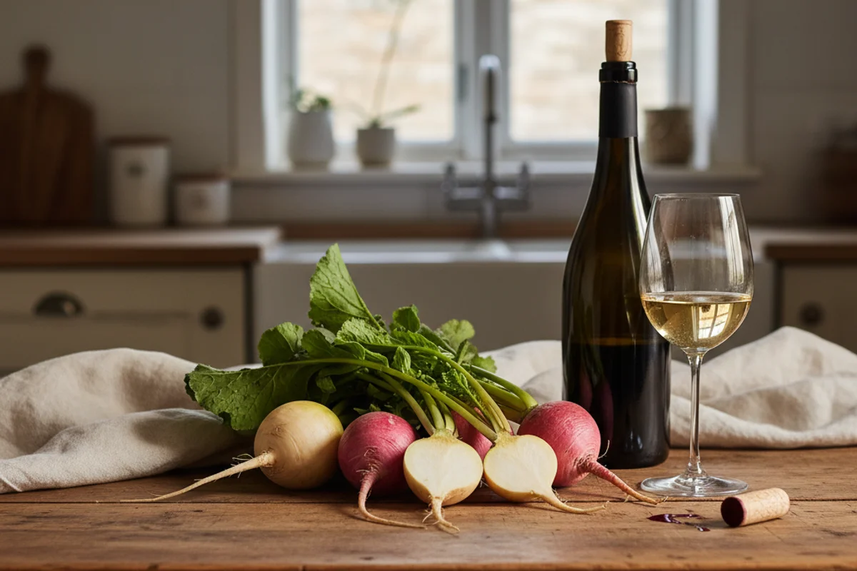 Rustic turnips beside a glass of pale golden wine on a walnut surface in warm natural light