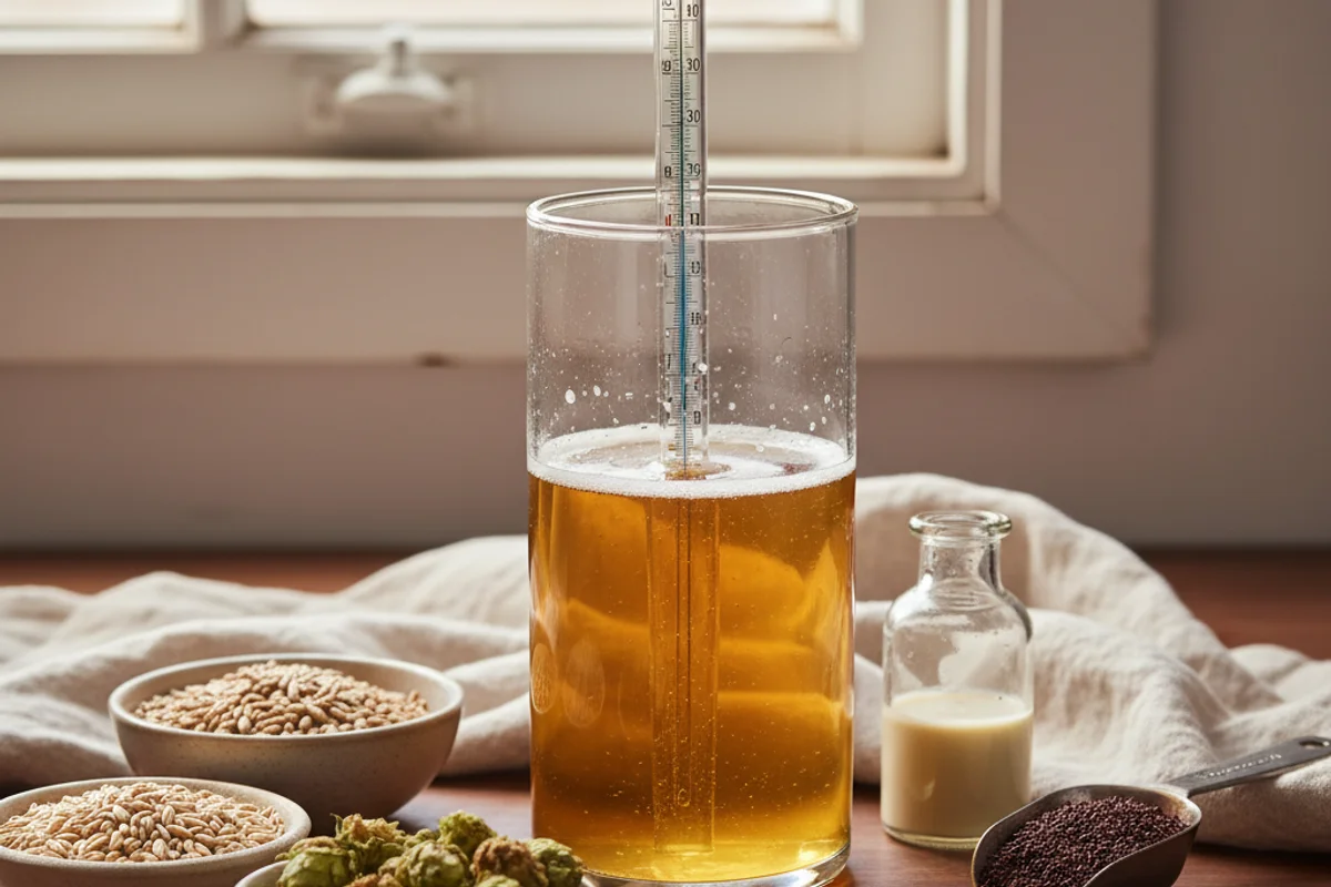 Hydrometer resting in a clear test tube of golden must on a walnut surface in soft natural light