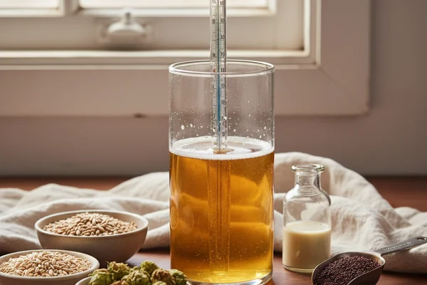 Hydrometer resting in a clear test tube of golden must on a walnut surface in soft natural light