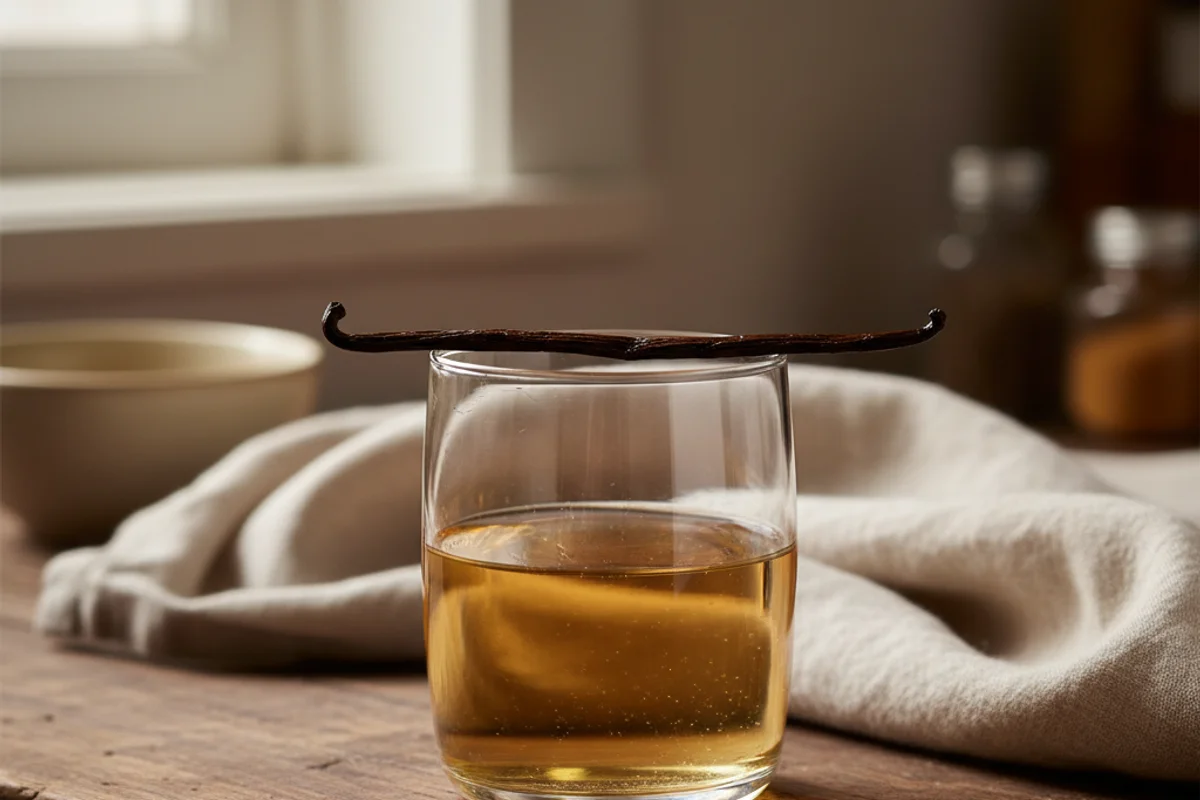 Homemade vanilla wine in a glass bottle on a walnut surface, soft natural light, cream linen backdrop
