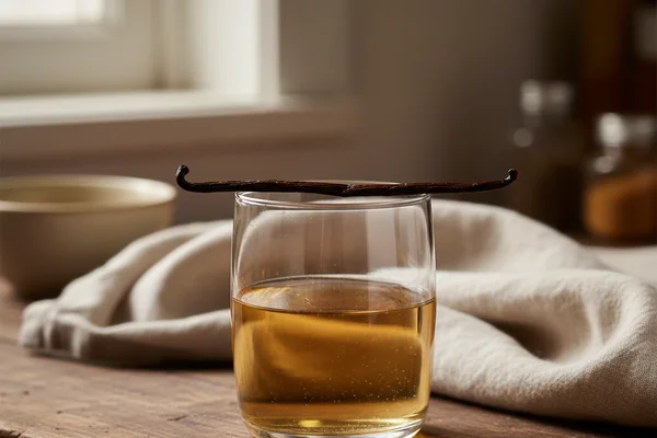 Homemade vanilla wine in a glass bottle on a walnut surface, soft natural light, cream linen backdrop