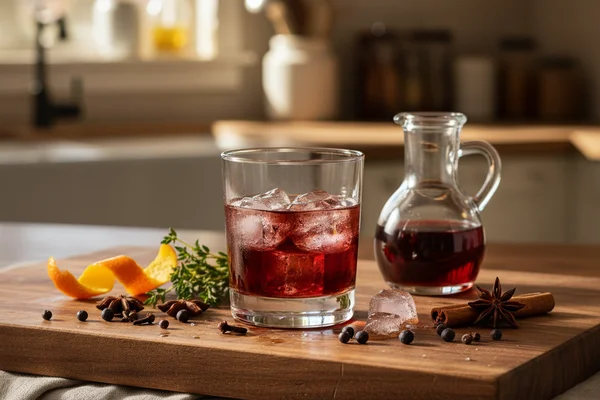 Homemade vermouth in a glass bottle on a walnut surface, soft natural light, cream linen background