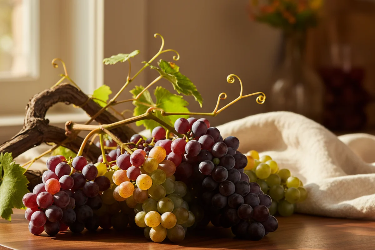 Grapevines in a sunlit vineyard row beside modern winemaking tools on a warm walnut surface