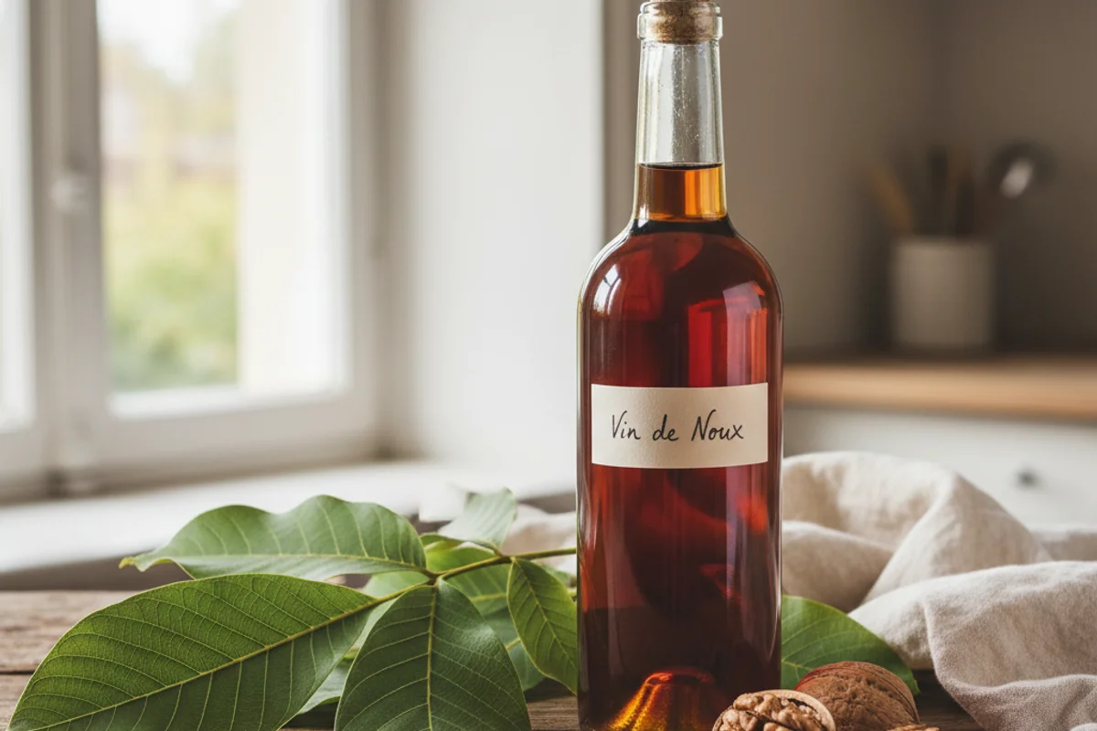Fresh walnut leaves beside a glass of pale golden wine on a warm walnut wood surface in soft natural light