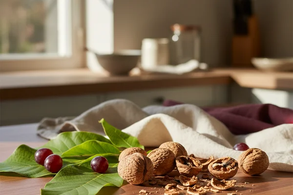 Fresh walnut leaves arranged on a warm walnut surface in soft natural light with cream linen nearby