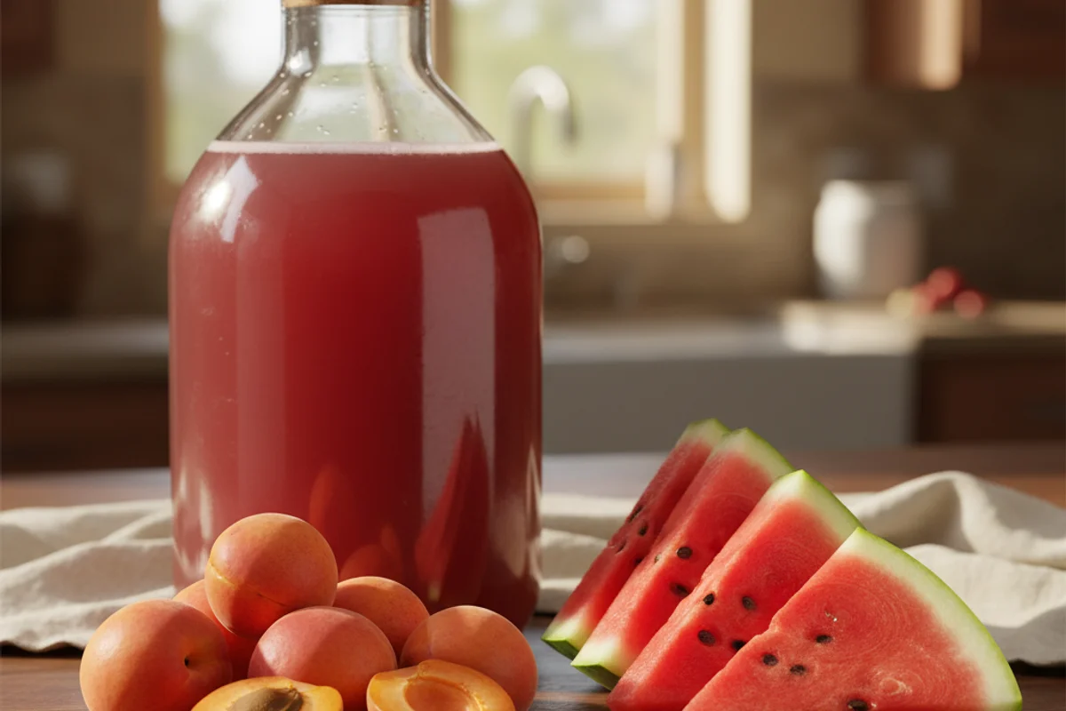 Fresh watermelon chunks and halved apricots beside a one-gallon glass fermentation jug on a walnut surface