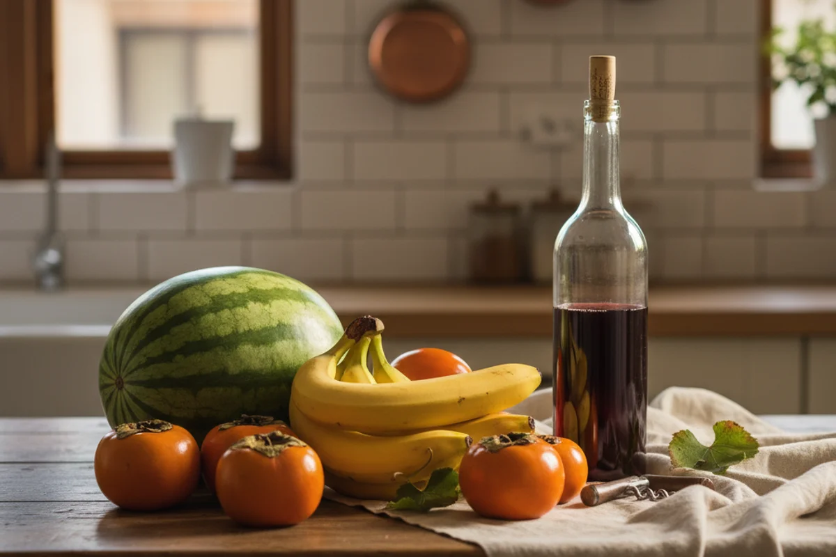 Sliced watermelon, bananas, and ripe persimmons arranged on a walnut surface in warm natural light