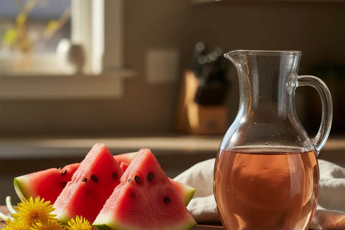 Fresh watermelon chunks and dandelion blossoms beside a glass gallon jug on a walnut surface in warm light