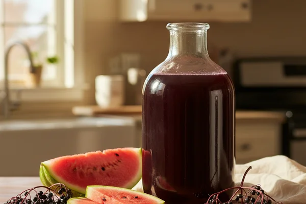 Fresh watermelon slices and dark elderberries beside a glass of deep pink wine on a walnut surface