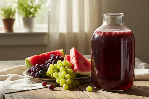 Watermelon slices and a jar of grape concentrate beside a one-gallon glass fermenter on a walnut surface